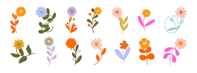 Retro Collection of abstract organic floral elements, Trendy vintage 70s style. Y2k aesthetic.