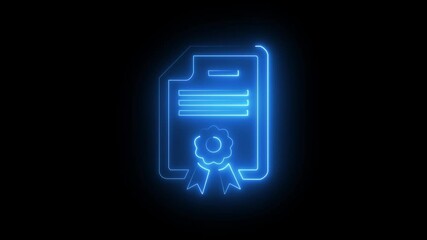 Neon Patent icon isolated on black background. HD Video motion graphic animation, a neon-style illustration of a certificate or document. The illustration is outlined in a bright blue glow.