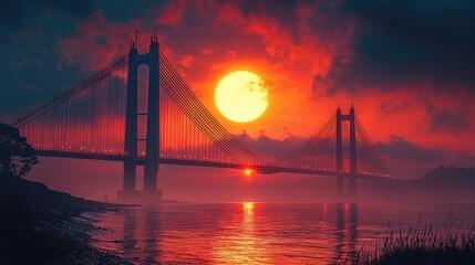 Obraz premium Sunset over a Majestic Bridge with Reflective Water and Dramatic Clouds