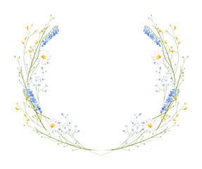 Watercolor floral symmetric wreath frame. Meadow blue sweet peas, yellow wild flowers, chamomiles, green branches, leaf.