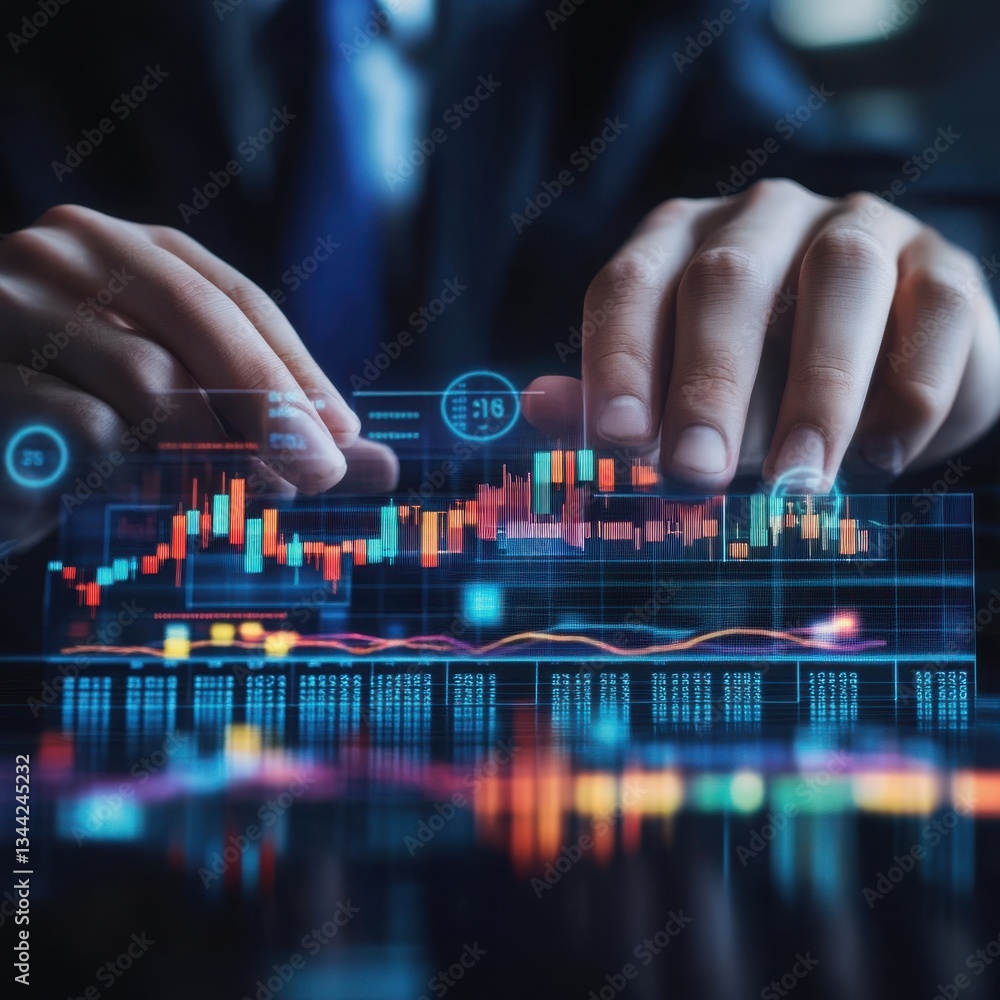Poster person interacting with futuristic transparent stock market data display showing candlestick charts 