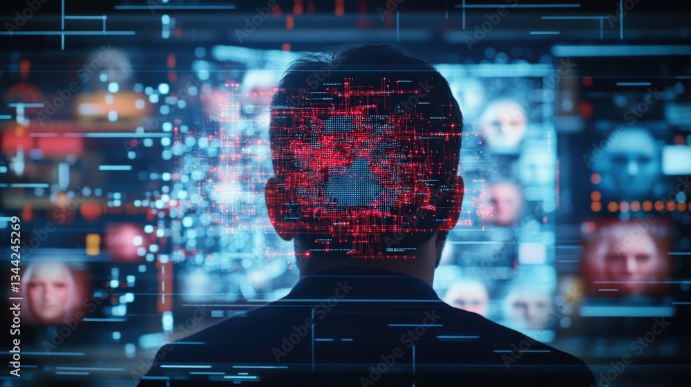 Poster a person?s head silhouette with digital map overlay in red code, surrounded by diverse faces and flo