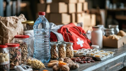 Emergency preparedness supplies on a table.  Various food and water items, along with a first-aid kit, are arranged