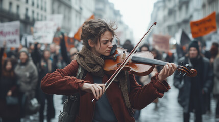 Fototapeta premium Young woman plays violin amidst a peaceful protest on a city street, surrounded by a diverse crowd holding signs. Her expression is focused and determined. Image made using Generative AI.
