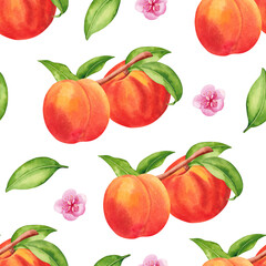 Watercolor seamless pattern of branch with peach, flowers, green leaves isolated on white. 