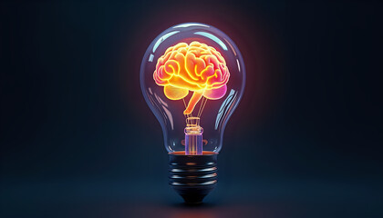 a glowing light bulb with a brain inside