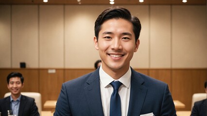 Fototapeta premium Happy Smiling Japanese Male Keynote Speaker in Blue Suit with Microphone at Formal Corporate Event: Inspiring Professional Presentation and Leadership in a Modern Business Conference