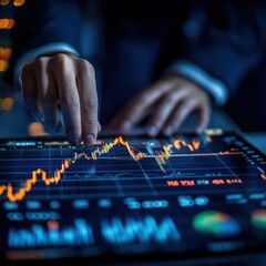 Fototapeta premium Businessperson Analyzing Stock Market Data on a Tablet at Night