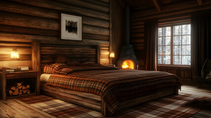 Cozy bedroom with plaid bedding, Christmas tree, and fireplace isolated on transparent background