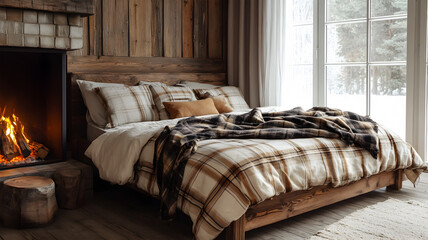 Cozy bedroom with plaid bedding, Christmas tree, and fireplace isolated on transparent background