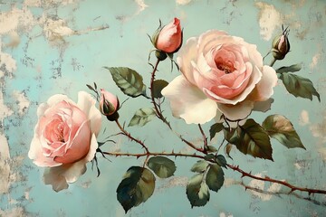 Pink Roses And Buds Are Painted Against A Blue Background
