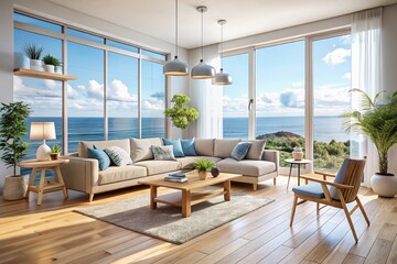 Modern Nordic Living Room with Stunning Sea View - 3D Render
