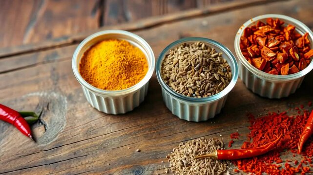 Vibrant Red Chili Peppers and Aromatic Turmeric Cumin Powders on Rustic Wooden Table