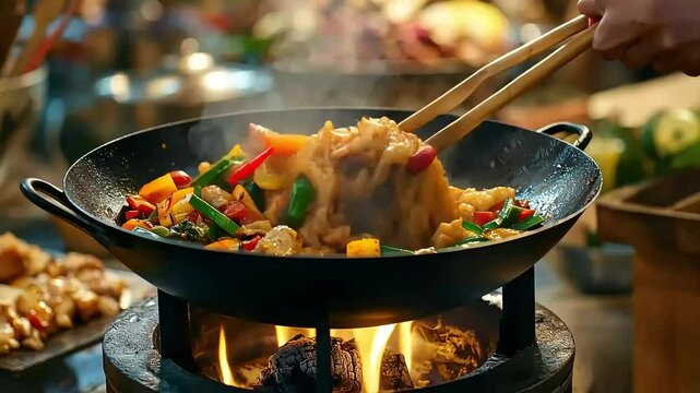 Stir-frying Colorful Vegetables with Aromatic Sauce in Wok Over Flames in Busy Kitchen
