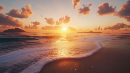Obraz premium A stunning sunset over a serene beach, with the golden light and gentle waves creating an alluring natural scene.