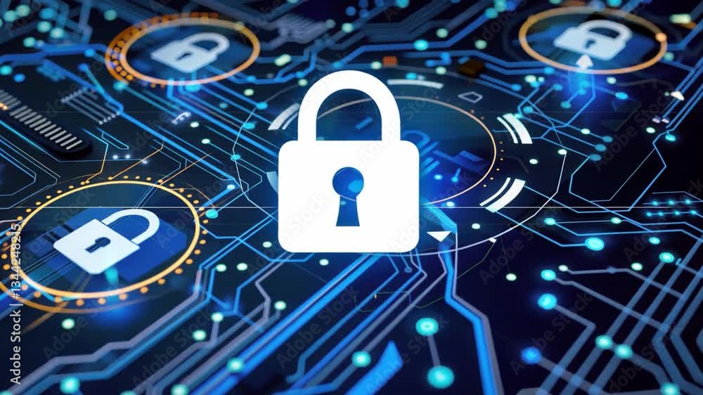 Poster digital illustration of cybersecurity secure network with central lock symbol, data protection, and 