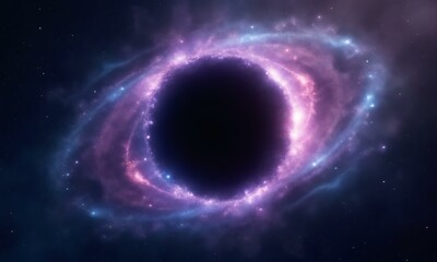 Obraz premium A mystical black hole ring with soft purple and blue glowing edges, surrounded by scattered cosmic particles and waves.