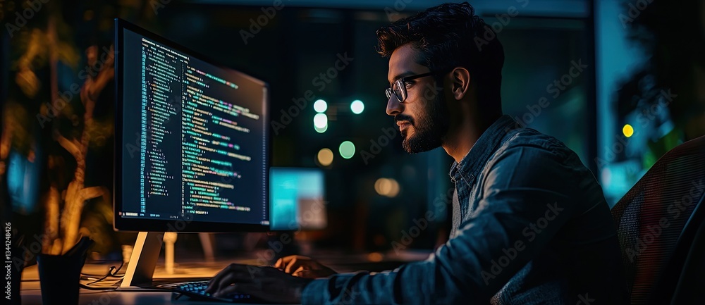 Poster a focused individual coding on a computer at night, illuminated by the screen's glow, highlighting t