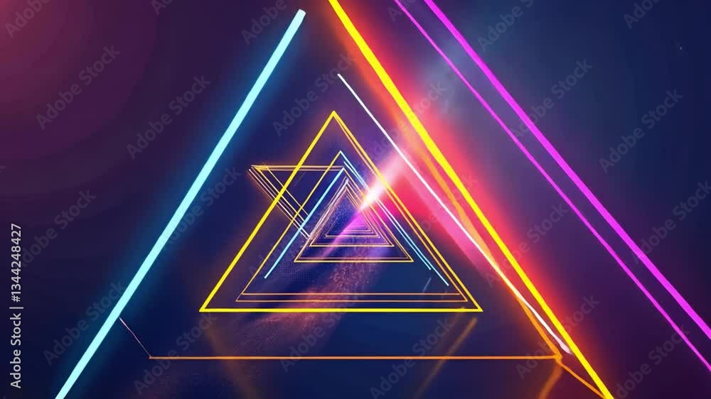 Poster vibrant geometric design with glowing neon triangles dynamic pattern and futuristic depth on dark ba