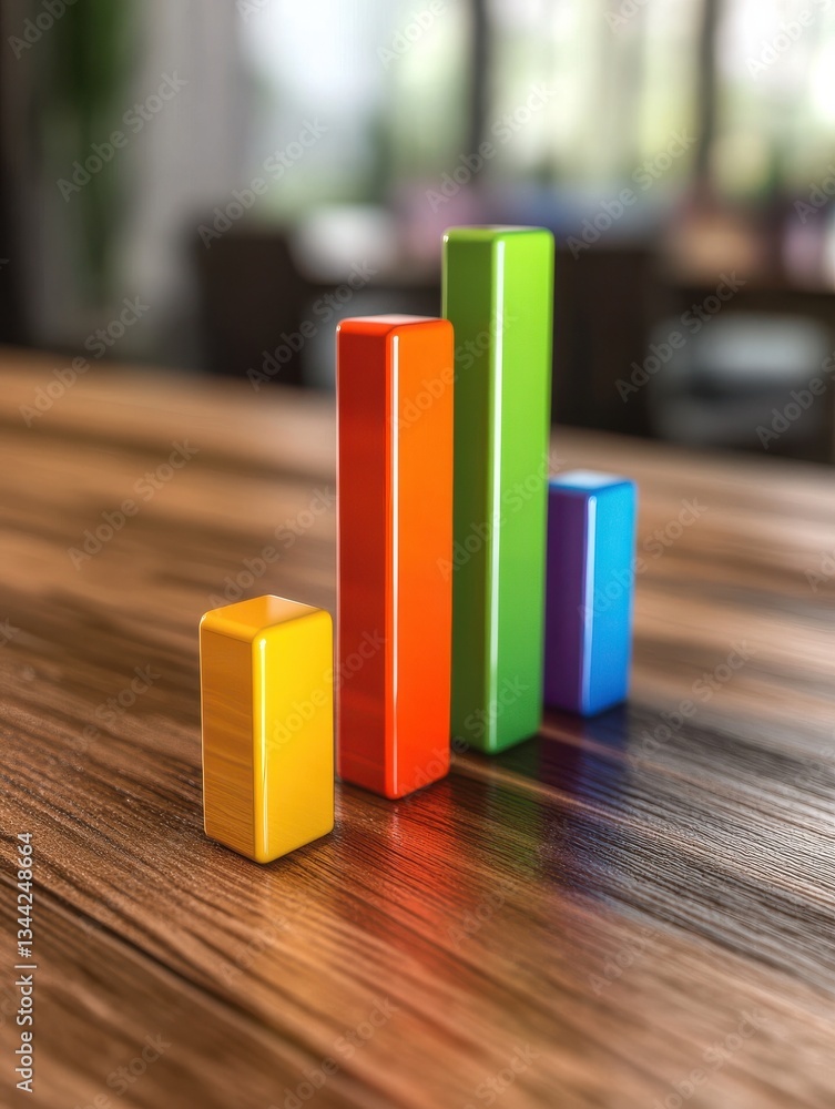 Poster business performance is visualized on a wooden surface using colorful bar charts showing steady grow