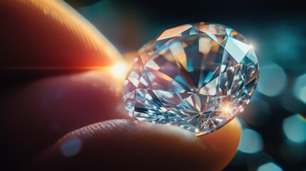 A Closeup of a Sparkling Diamond Held in a Hand Against a Bokeh Background