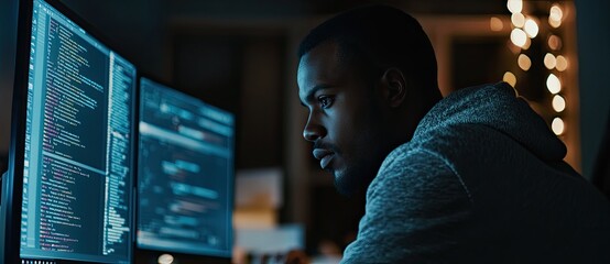 A focused individual works at a computer in a dimly lit room, surrounded by code on screens, embodying concentration and technology's influence.