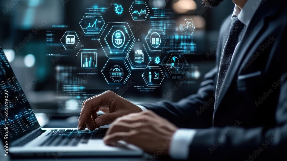 Poster businessman working on laptop with digital interface showing business analytics data and technology 