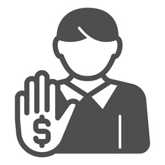 Manager man with stop hand solid icon, world sanctions concept. Vector graphics. Male person and dollar palm sign on white background, glyph style icon for mobile or web design.