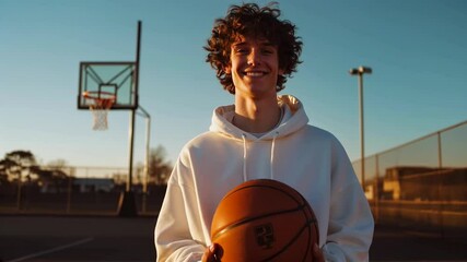 Smiling teenage boy with basketball at outdoor court during golden hour. Curly-haired young athlete in white hoodie. Youth sports, active lifestyle, fitness motivation. - Powered by Adobe
