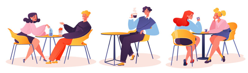 Set of people, scenes in cafe, restaurant or food court in Shopping Center. Bright, stylish people are chatting, having good time, meeting after long break in communication, or coming on date