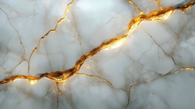 A crack in a white marble wall with gold streaks running through it