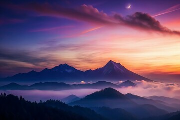 Serene sunset painting the majestic mountains in a breathtaking twilight vista, with a crescent moon in the sky.