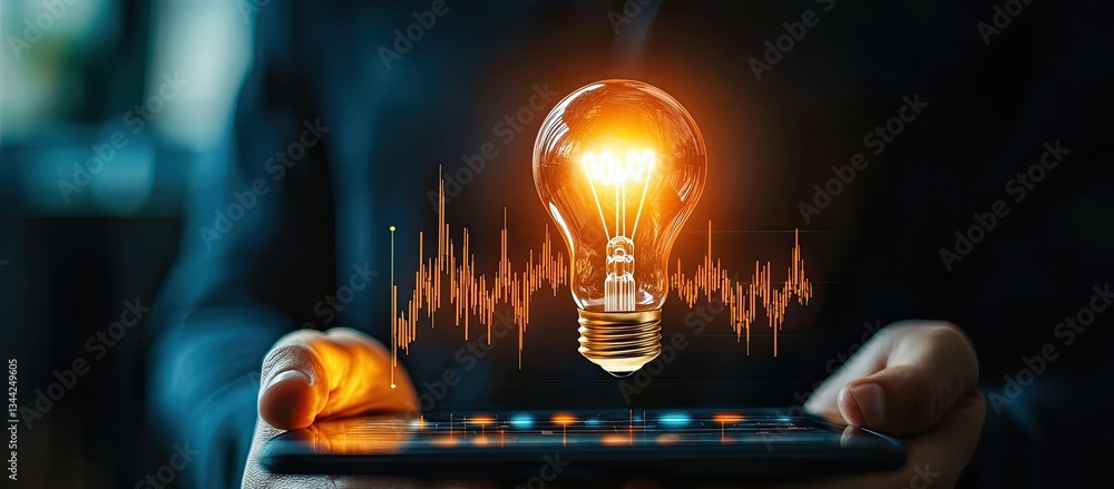 Poster a person holds a device displaying a glowing light bulb, symbolizing innovation and ideas, with soun