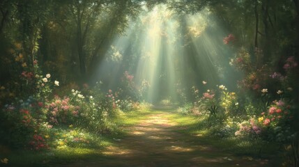 Obraz premium Sunlit path through a flowery forest. Lush greenery, vibrant flowers, and sunlight beams through the trees create a serene and magical atmosphere