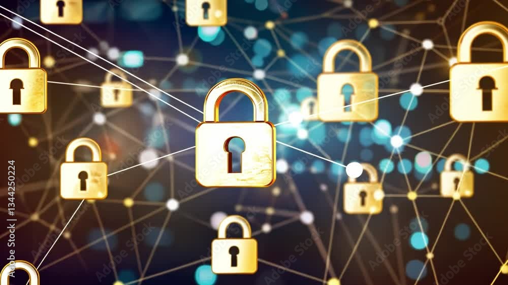 Poster golden padlocks interconnected by network lines symbolizing digital security, data protection, and i