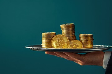 Hand holding silver tray with stacks of golden bitcoin coins against a teal blue background
