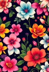 <Vibrant Floral Pattern Design: Colorful Nature-Inspired Illustration for Botanical Artwork and Interior Decoration>