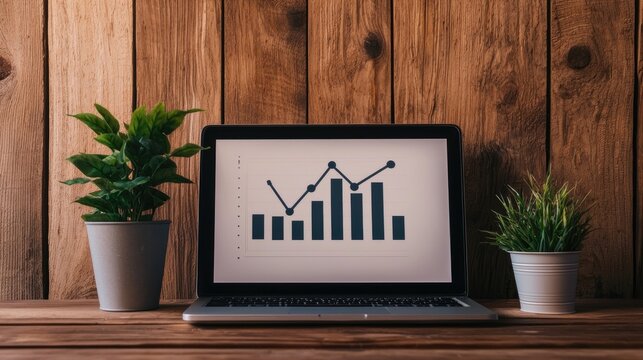 A sleek laptop displays a growth chart, flanked by potted plants, set against a rustic wooden background, symbolizing a blend of technology and nature.