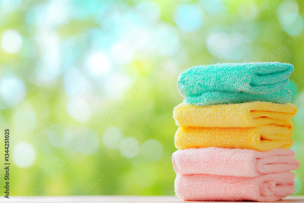 Poster soft towels stacked neatly vibrant colors against blurred green background create refreshing and inv