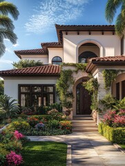 Fototapeta premium Beautiful Florida home with lush landscaping and bright flowers under a sunny sky during midday