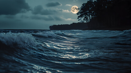Dramatic moonlit ocean waves crashing on tropical shore at night
