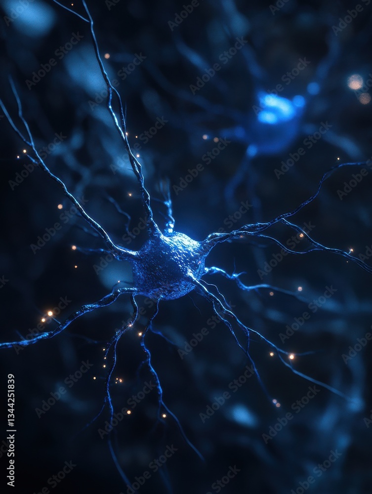 Poster a close-up of a glowing blue neuron with multiple dendrites and axons on a dark background.