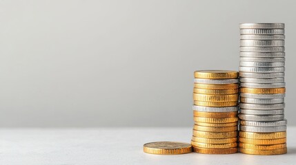 A stack of gold and silver coins is arranged neatly on a light surface, symbolizing wealth and finance.