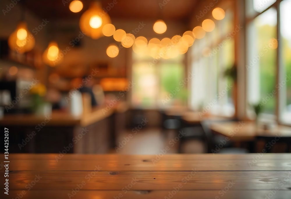 Poster generative ai image of a charming cafe with bokeh lights and wooden table