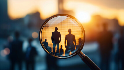 magnifying glass focuses on silhouettes of people against sunset backdrop, creating sense of intrigue and exploration. scene captures essence of observation and connection in bustling environment