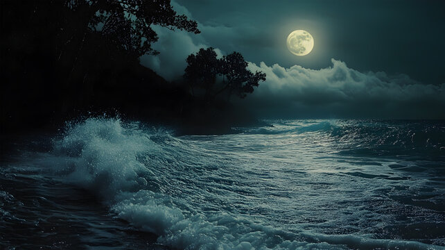 Dramatic moonlit ocean waves crashing on tropical shore at night