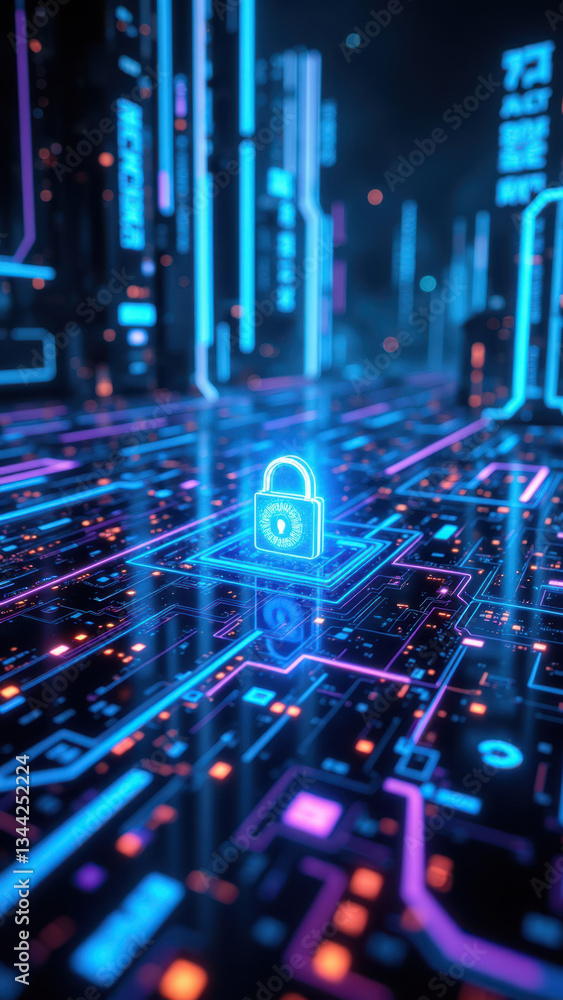 Poster cybersecurity in a high-tech neon digital environment with 2fa protection.