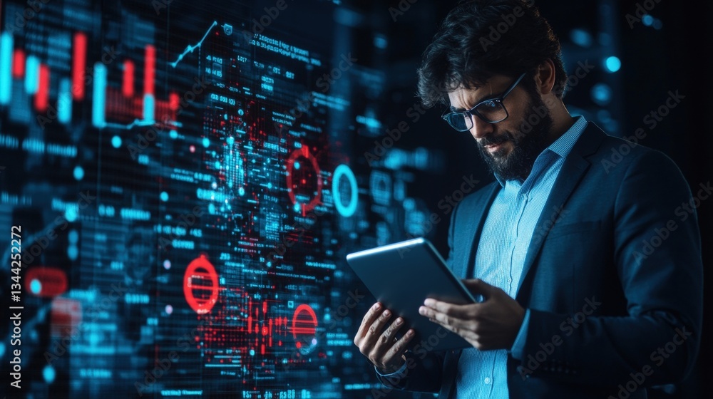 Poster focused businessman in glasses analyzing tablet data with holographic visualizations of graphs and c