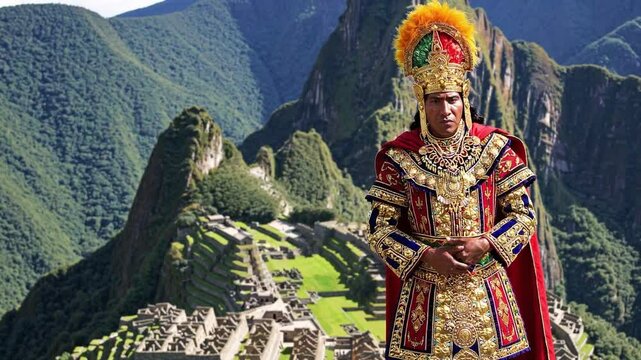 Authentic Representation of Indigenous Peruvian Male in Traditional Attire at Historic Machu Picchu with Lush Mountains in the Background