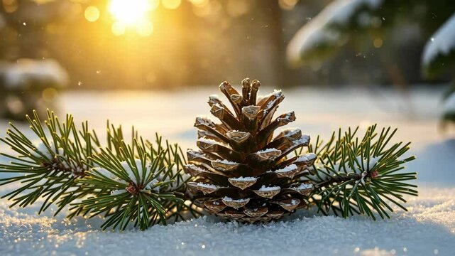 A serene close-up of a snow-covered pinecone amidst branches, illuminated by warm sunlight, evoking winter tranquility.
